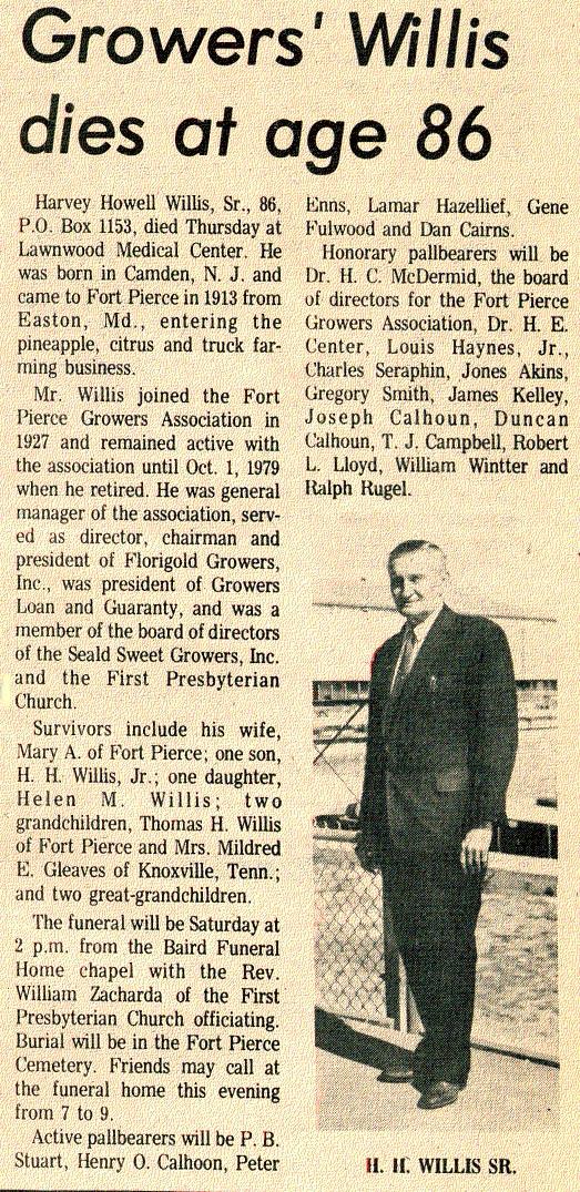 Newsclipping of obituary of Harvey Howell Willis