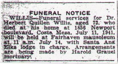 Newsclipping of obituary of Herbert Quillen Willis