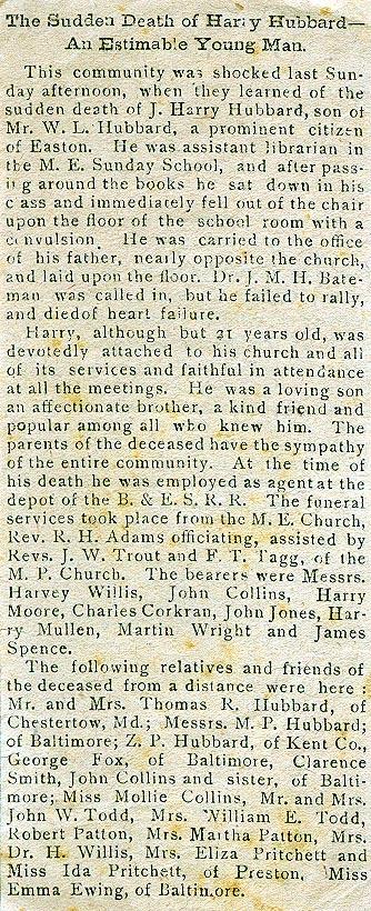 Newsclipping of sudden death of J. Harry Hubbard