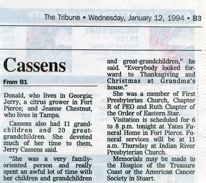 Newsclipping of obituary of Marion Willis Cassens continued