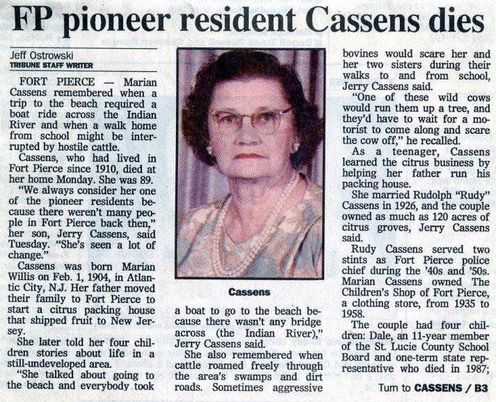 Newsclipping of obituary of Marion Willis Cassens