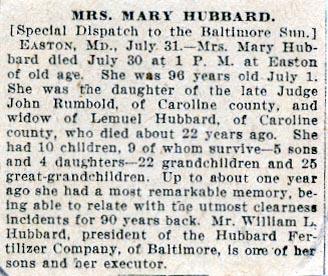 Newsclipping of obituary of Mary Rumbold Hubbard