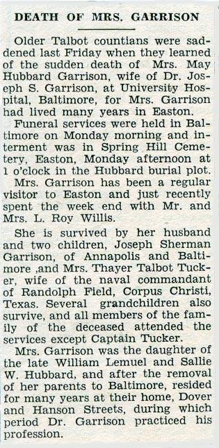 Newsclipping of obituary of May Hubbard Garrison