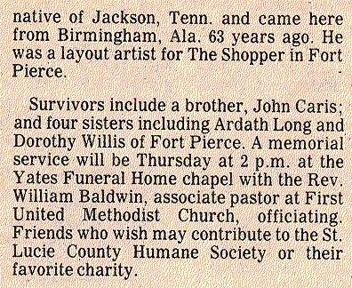 Newsclipping of obituary for Ollie Caris continued