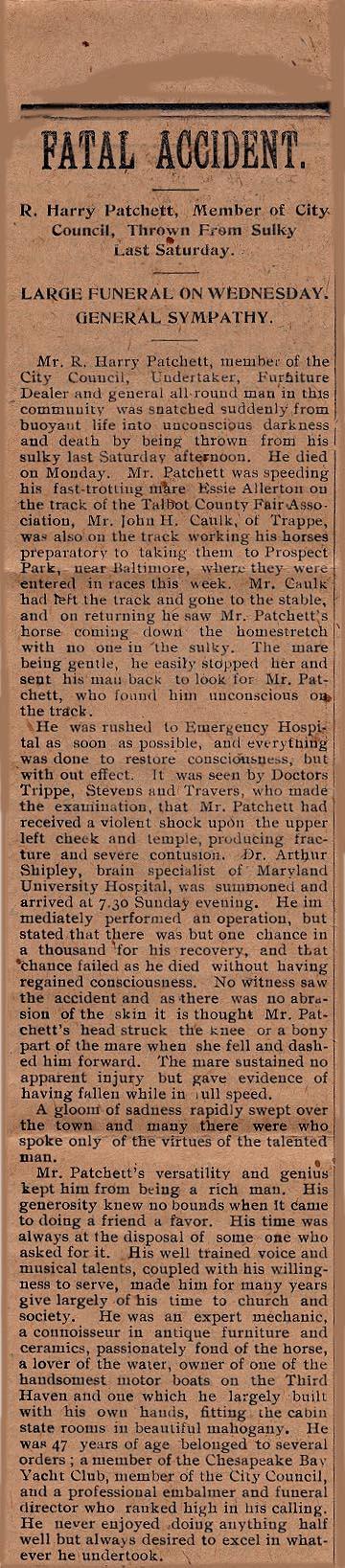 Newsclipping of accident of R. Harry Patchett
