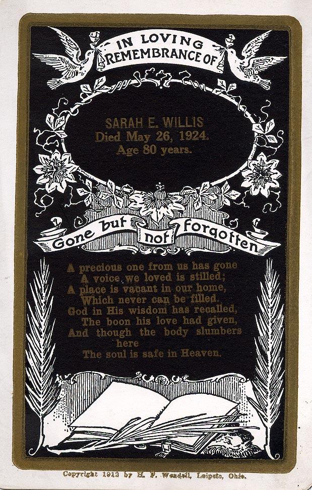 Rememberance card for Sarah Elmer Hubbard Willis death
