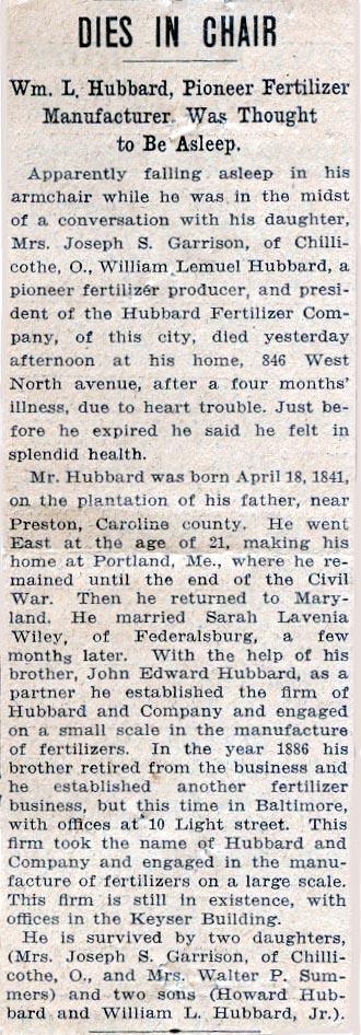 Newsclipping of obituary of William L. Hubbard