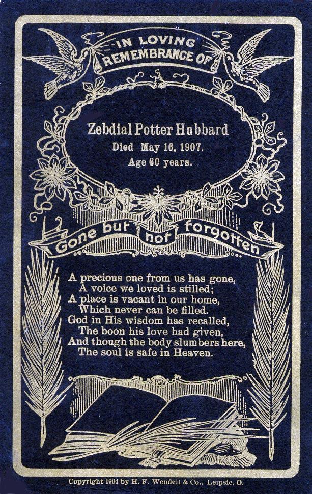Rememberance Card of death of Zebdial Potter Hubbard