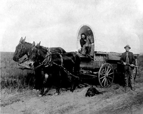 Picture of Covered wagon passing Richard Preston Willis's Homestead outside Hydro, OK about 1906/7.